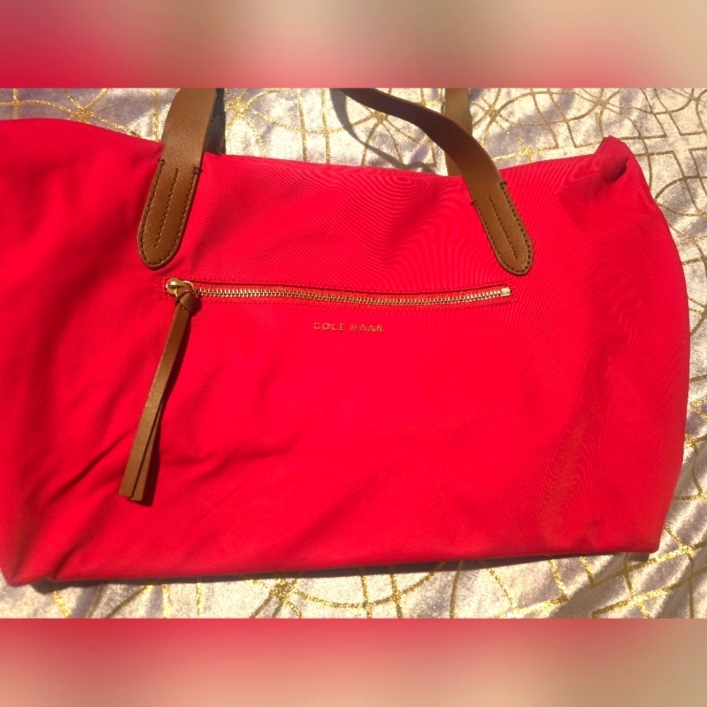 Cole Haan Red and Brown Canvas Tote